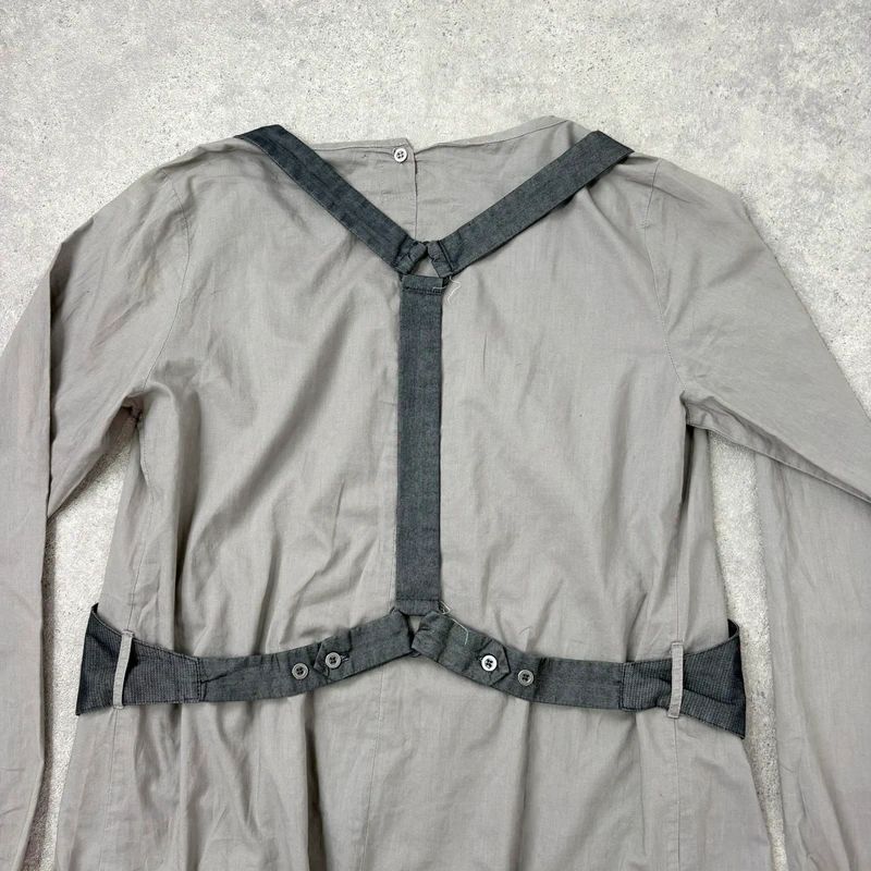 utility khaki pleated blouse with harness braces