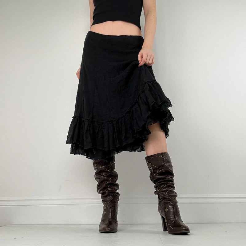 black crinkle pleated ruffle midi skirt