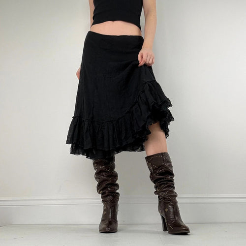 black crinkle pleated ruffle midi skirt