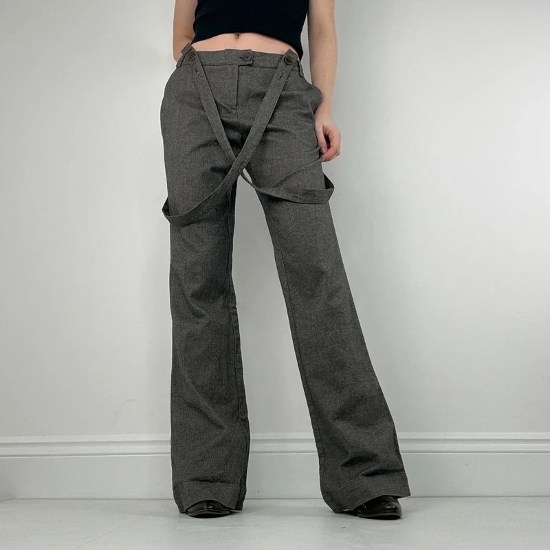 grey suspender flared suit trousers