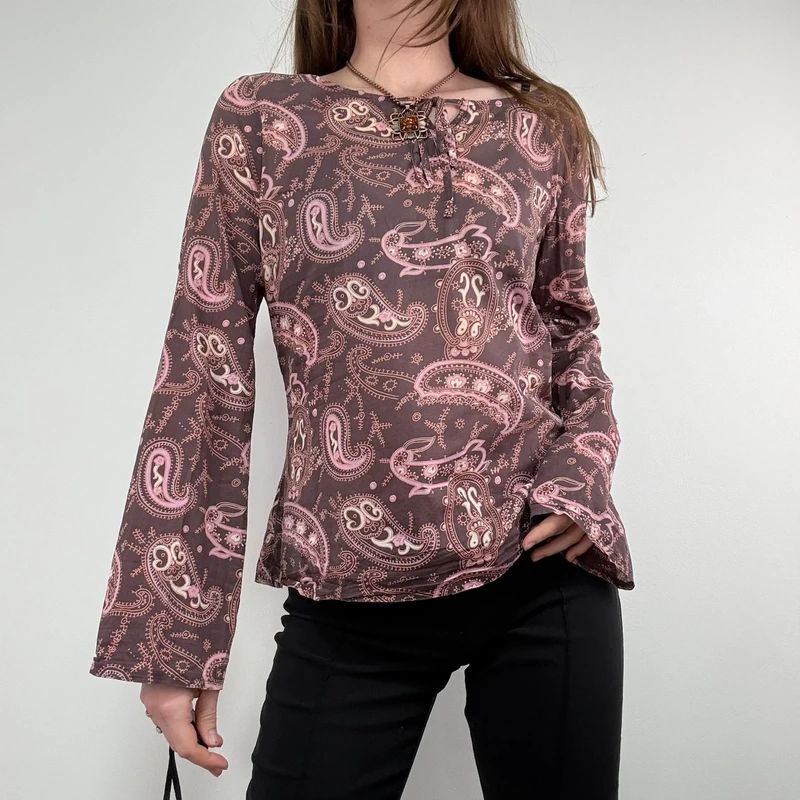 brown and pink paisley flared cotton boho shirt