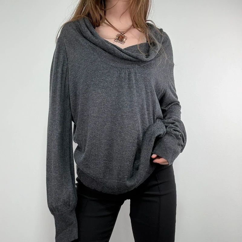 grey slouchy knit off-the-shoulder jumper, wool and silk blend