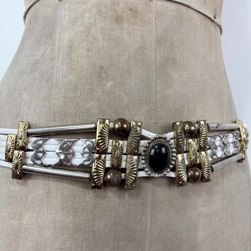 chunky metal boho white leather belt