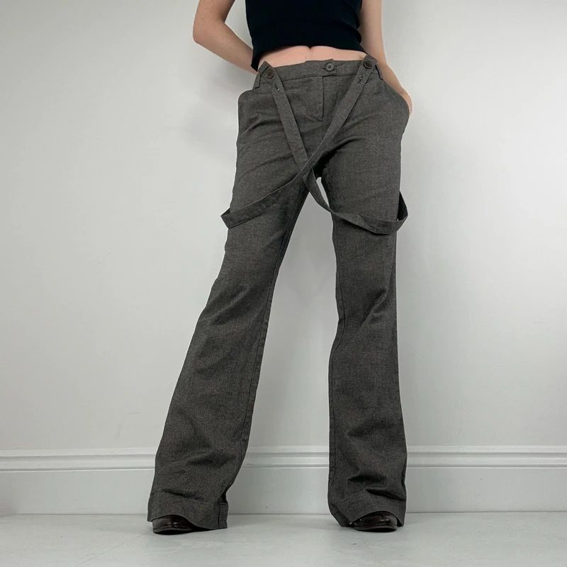 grey suspender flared suit trousers