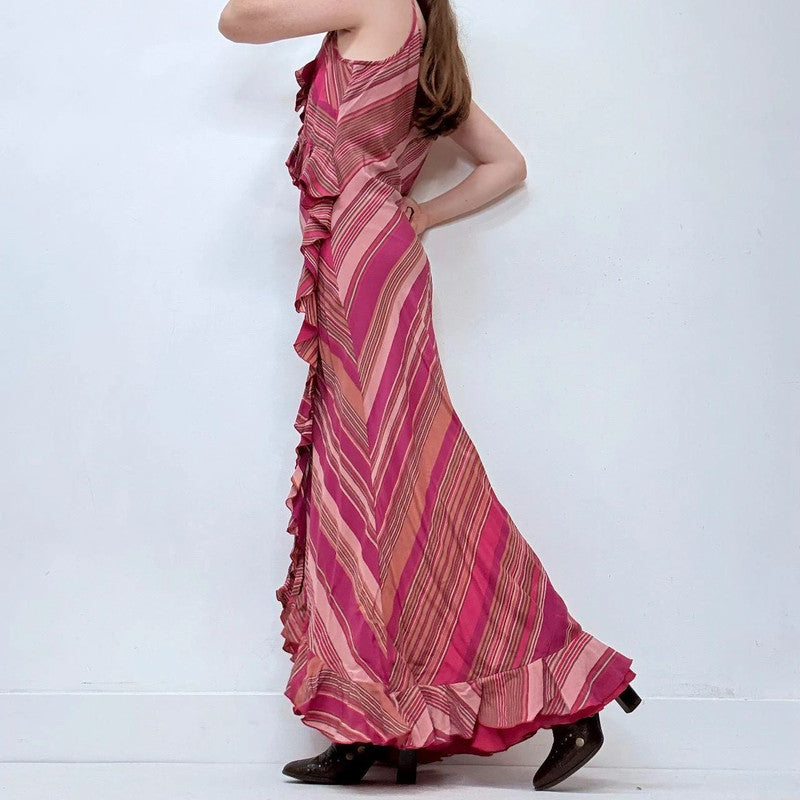 silk bias cut pinstripe silk maxi dress