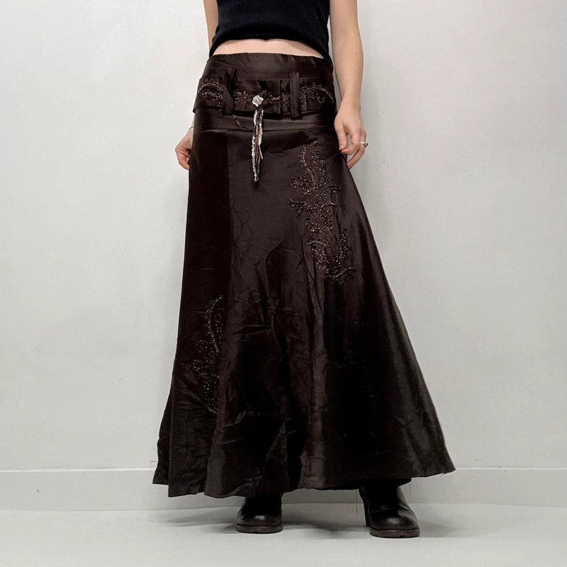 brown flared satin maxi skirt