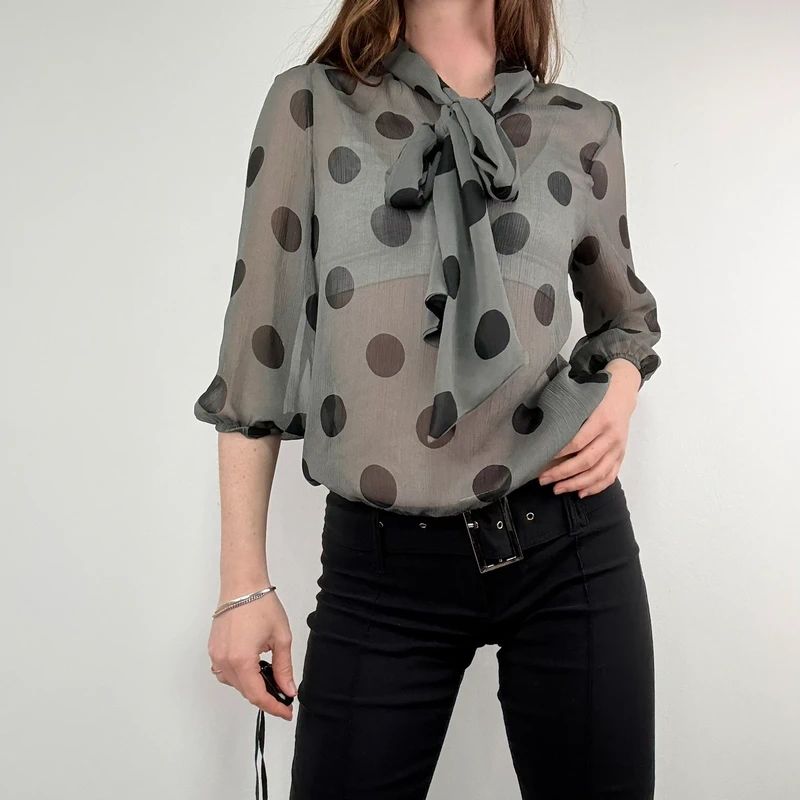 grey polkadot bow blouse