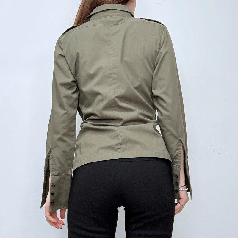 khaki fitted flared military style shirt