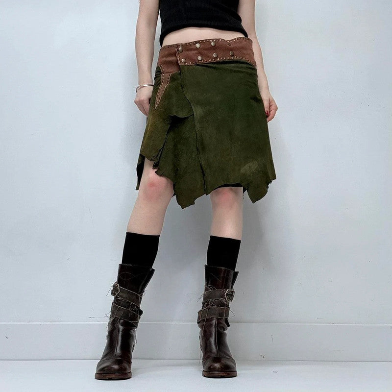 khaki green studded boho leather skirt belt