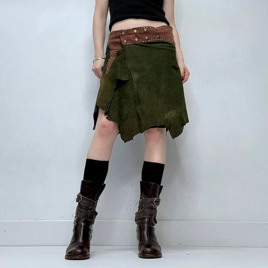 khaki green studded boho leather skirt belt