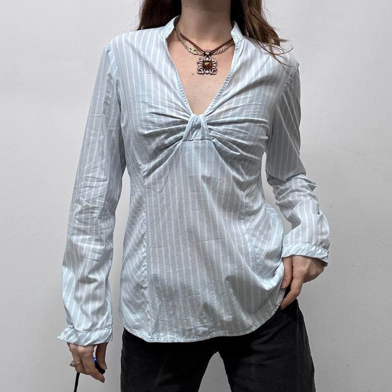 blue pinstripe flared office shirt