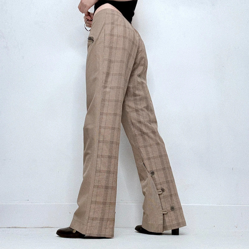 tan utility flared checked trousers
