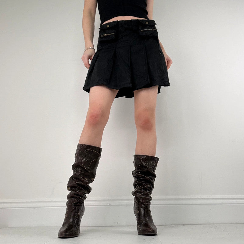 black pleated flared utility mini skirt