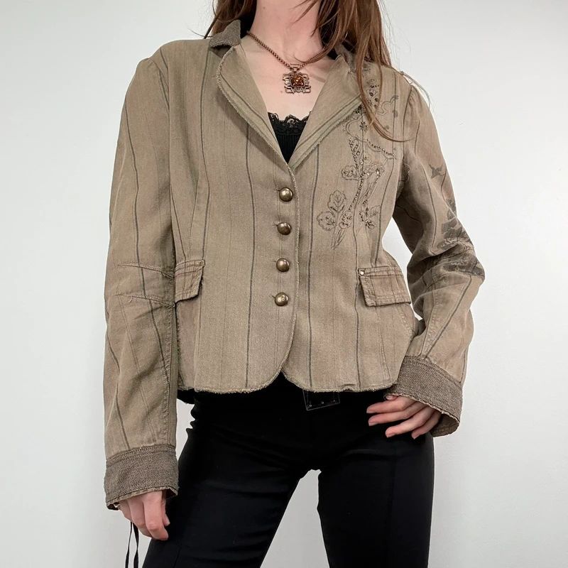 khaki tweed pinstripe fitted grunge fairy Derhy blazer