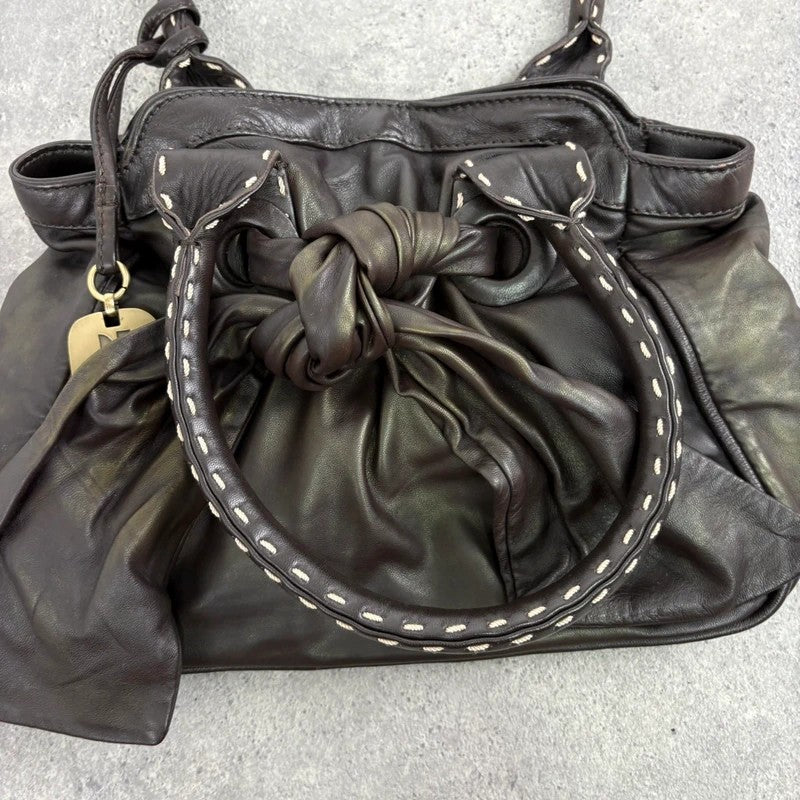 brown leather shimmer bow slouchy Y2K hobo handbag