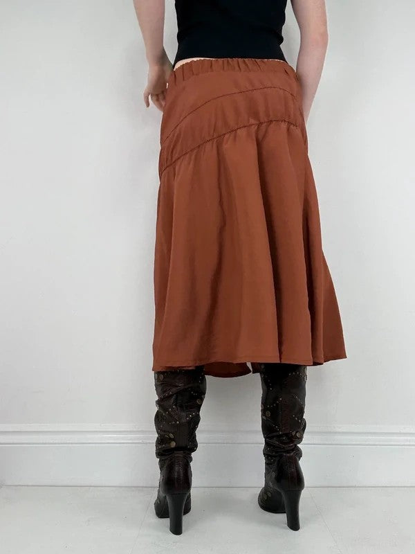 Cop Copine gathered ruched orange midi skirt