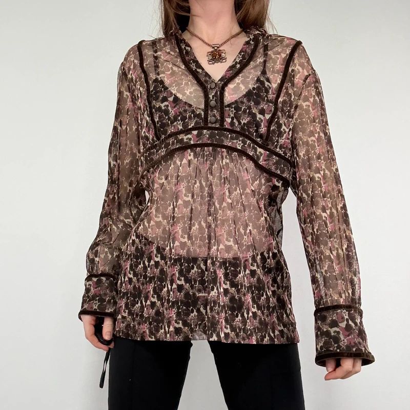 sheer brown and pink printed flared shirt