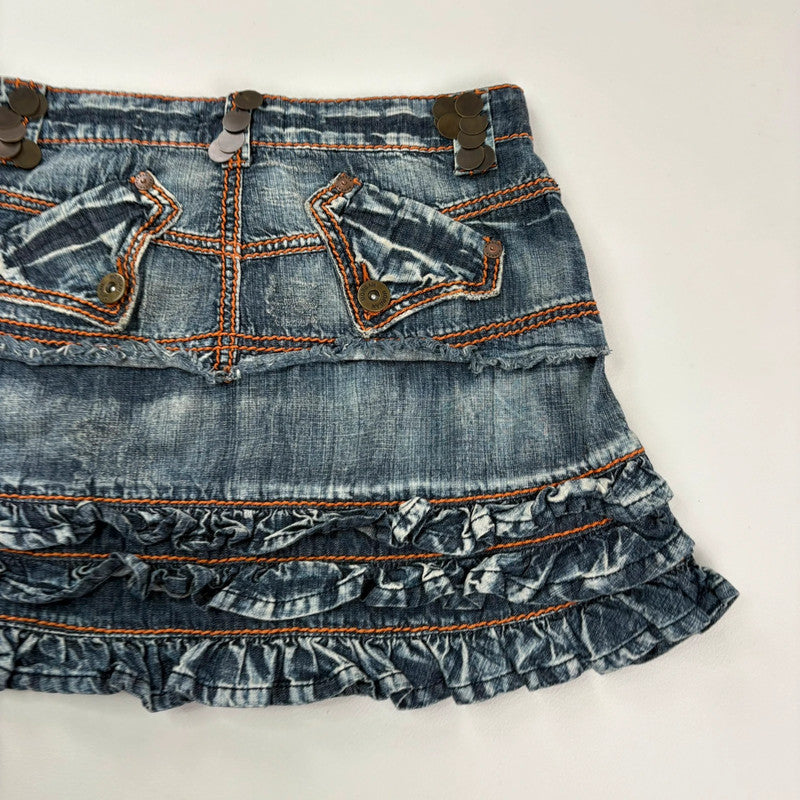 distressed ruffle denim y2k mini skirt