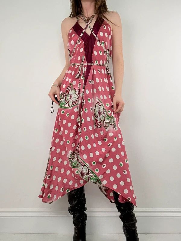pink polkadot handkerchief maxi dress