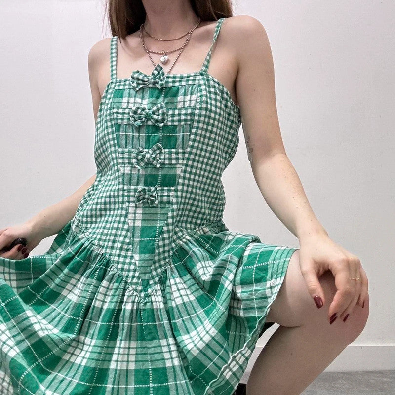 green gingham bow dress
