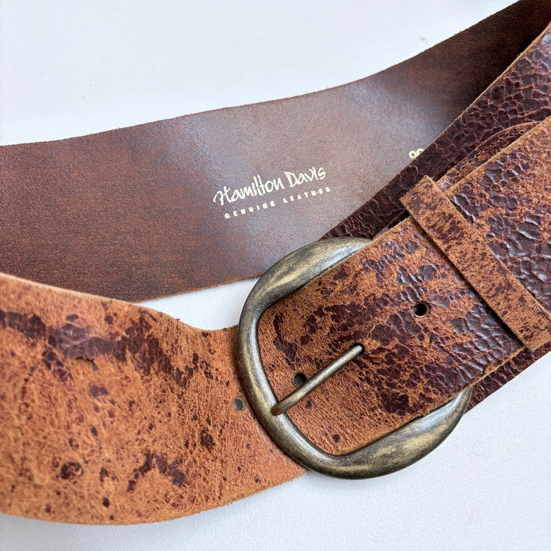 Distressed brown leather oversized thick belt