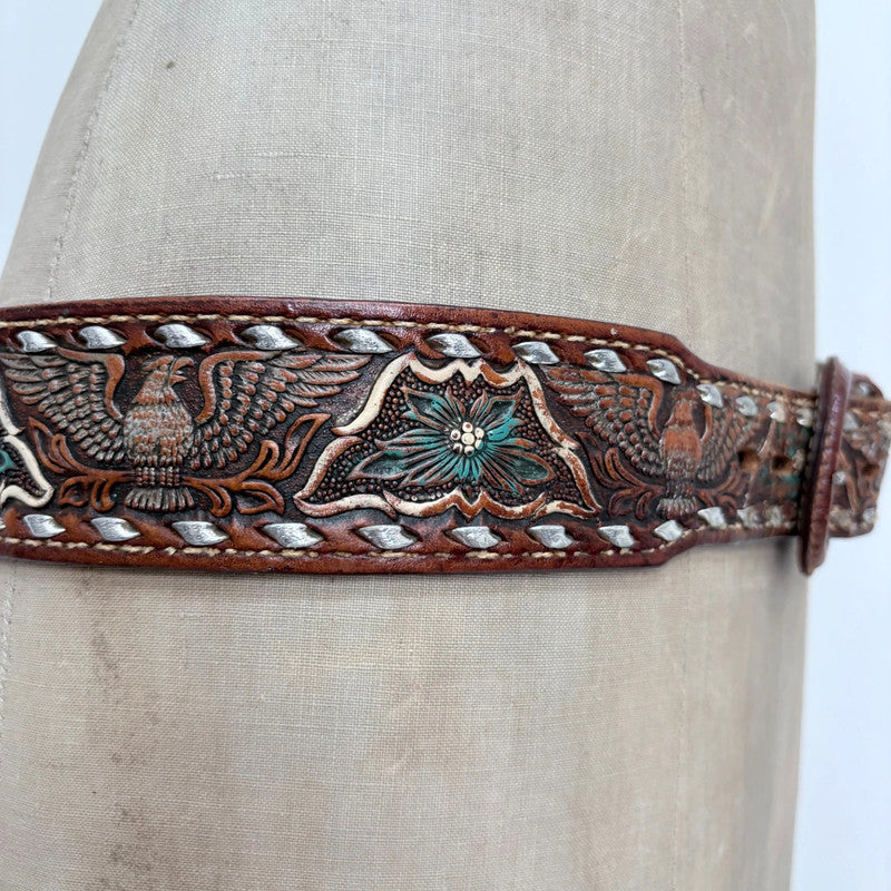 Western engraved brown leather boho belt