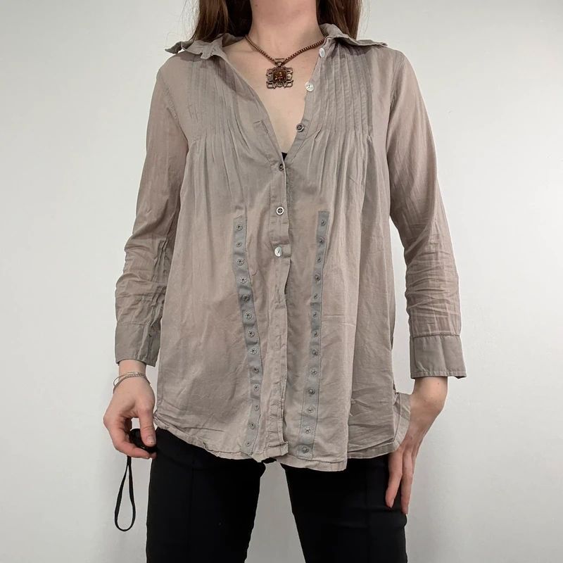 brown pleated flared patchwork button shirt