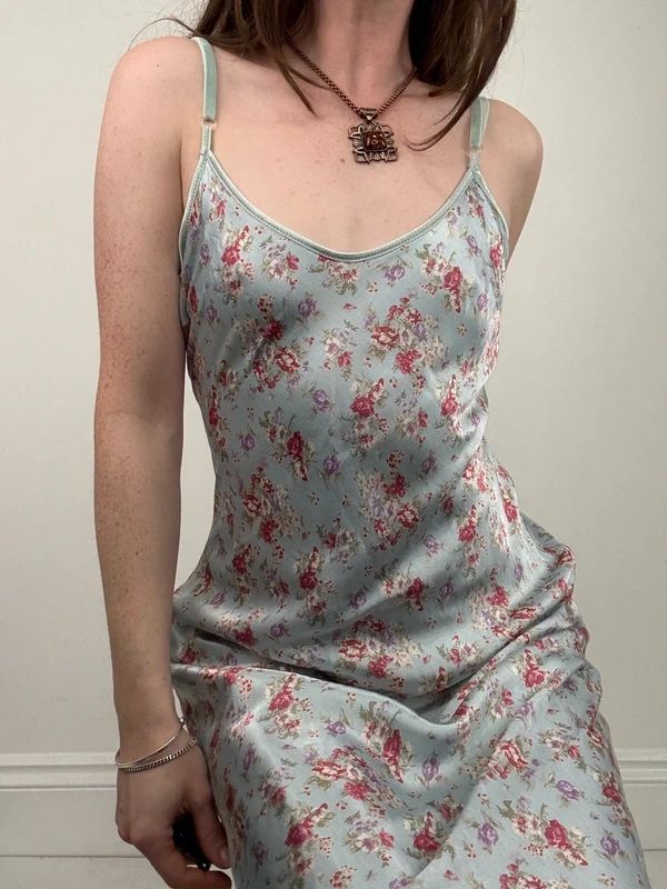 vintage bias cut baby blue floral dress