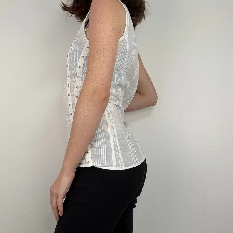 white cotton textured pinstripe popper vest top