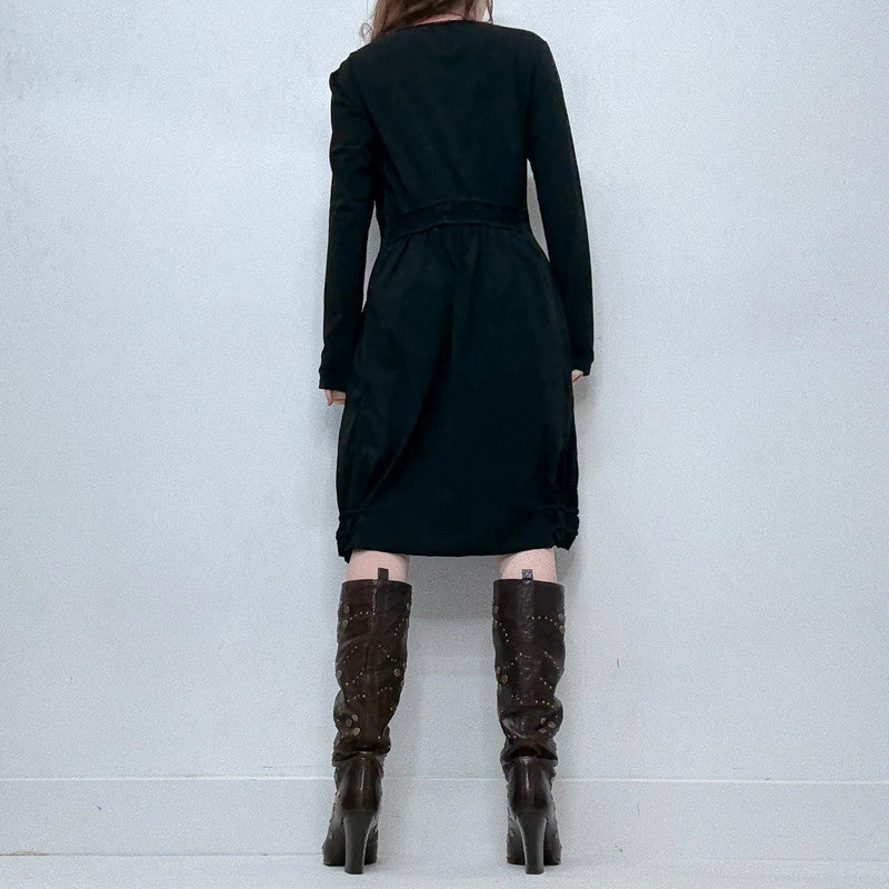 black long sleeve pleated puff midi dress