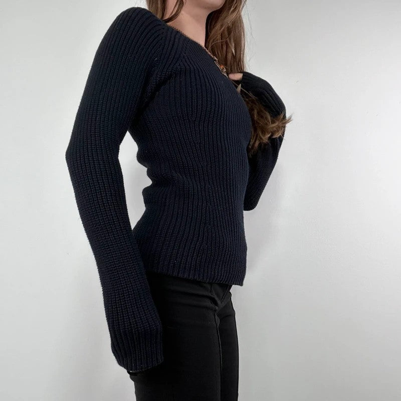 chunky navy knitted slash neck fisherman rib jumper