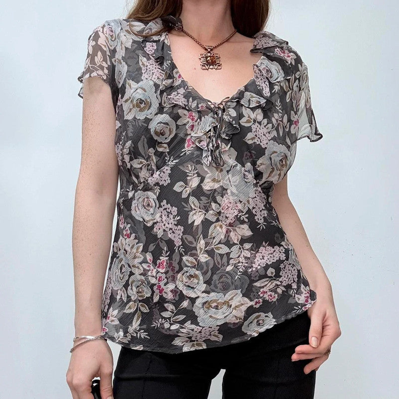 sheer floral flutter silk bias cut top