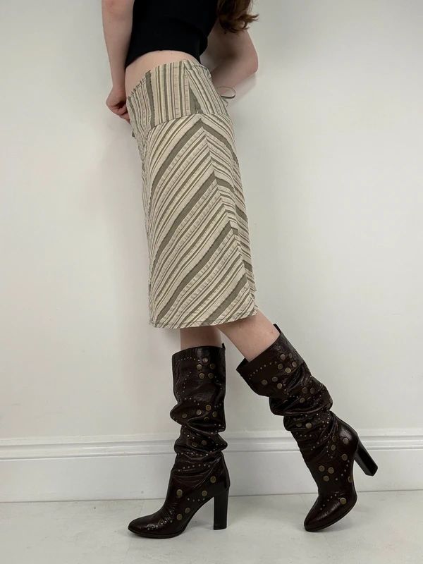 khaki striped chevron pinstripe midi a-line skirt