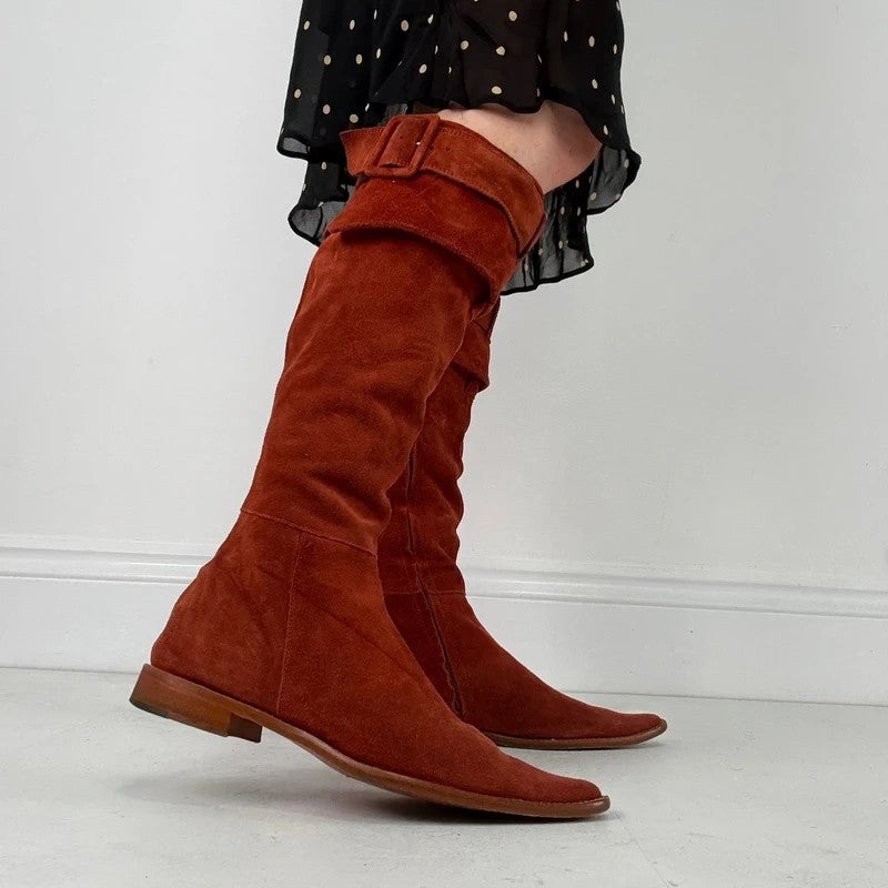 Pointed toe burnt orange suede buckle 70s boots
