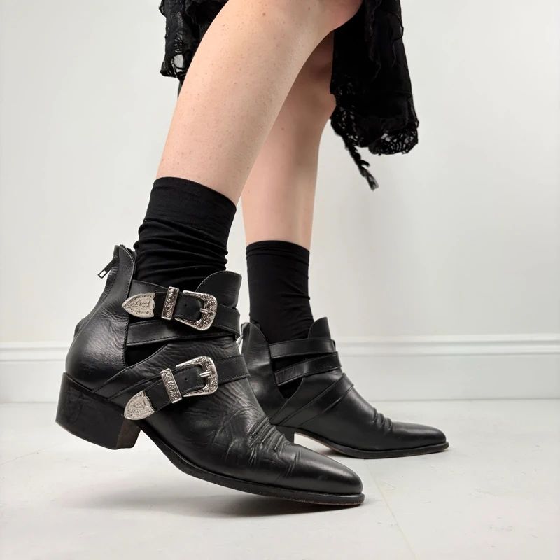The Kooples black leather buckle western boho boots