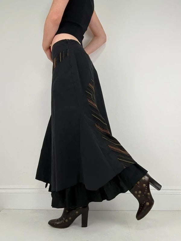 Black flared pleated pinstriped layered maxi skirt