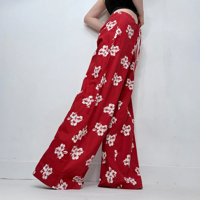 red cotton wide leg printed trousers