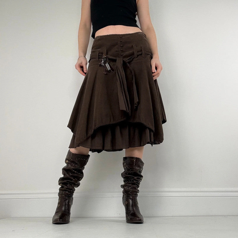 brown layered pleated midi skirt