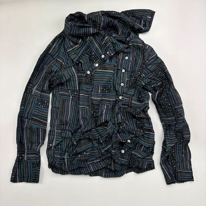 Asymmetric fold over draped checked pinstripe Shirt