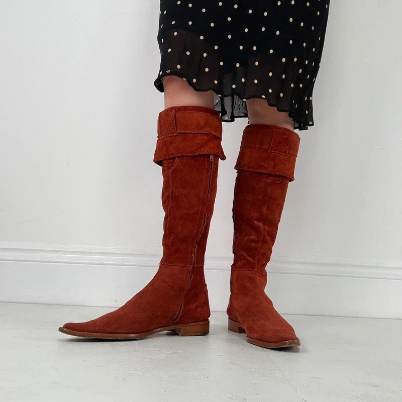 Pointed toe burnt orange suede buckle 70s boots