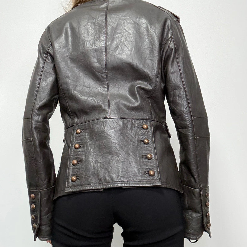 aymmetric brown leather military napolionic jacket