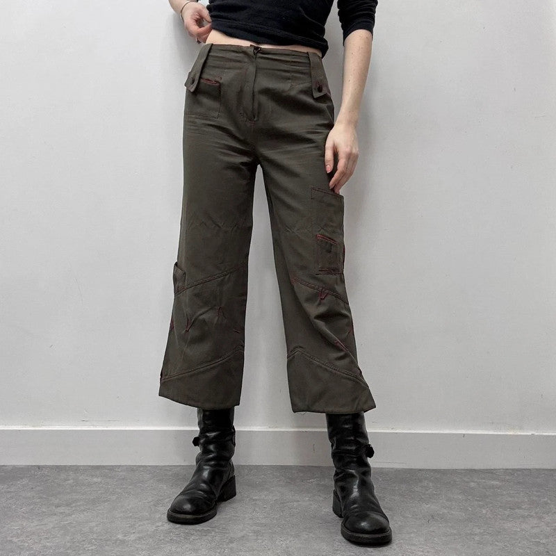 khaki cropped cargo wide-leg trousers