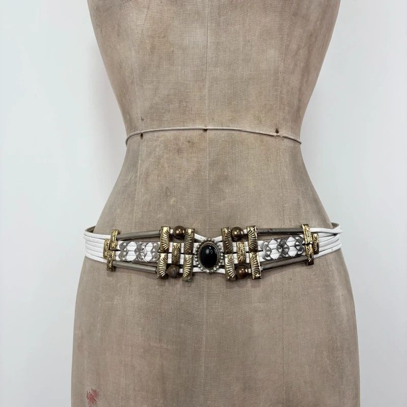 chunky metal boho white leather belt