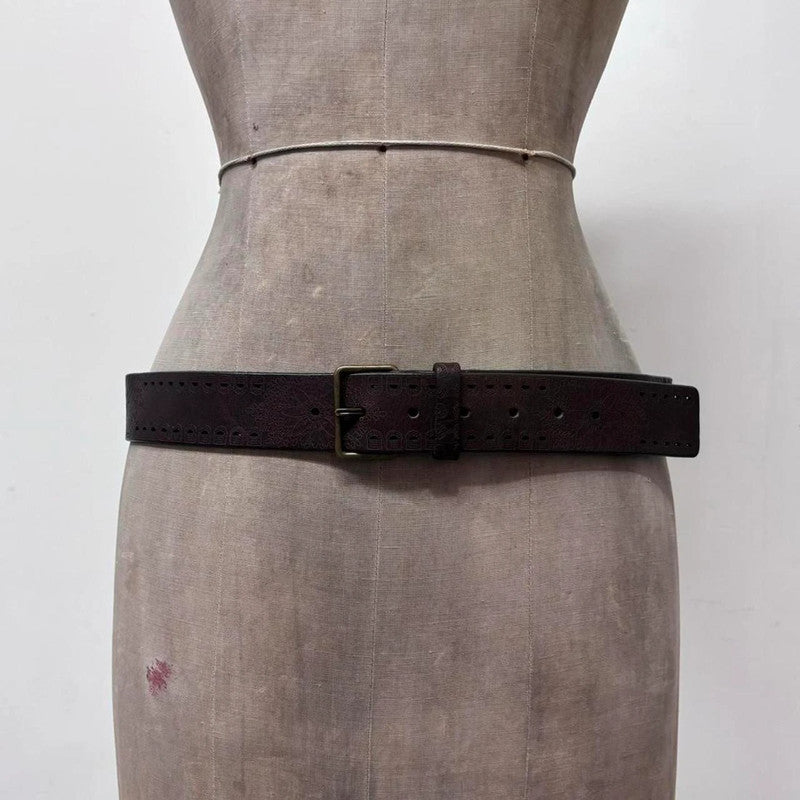 brown leather flower engraved belt