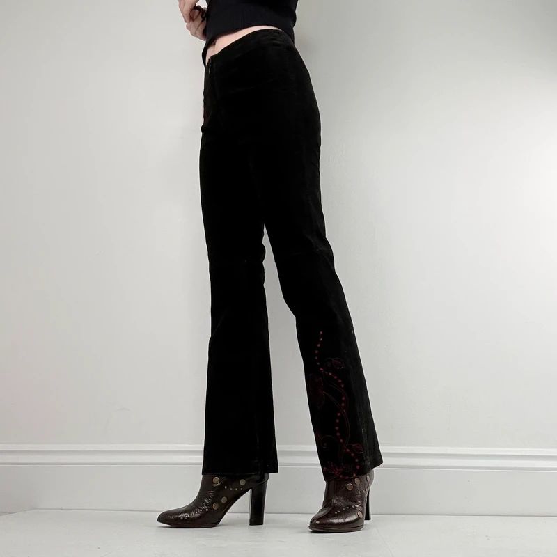 black suede embroidery flared trousers