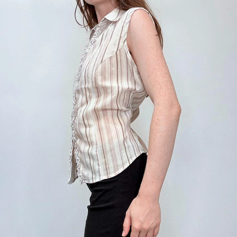 pinstriped sleeveless ruffle shirt blouse