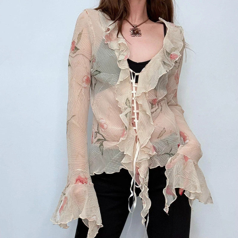 sheer crinkle flutter boho shirt
