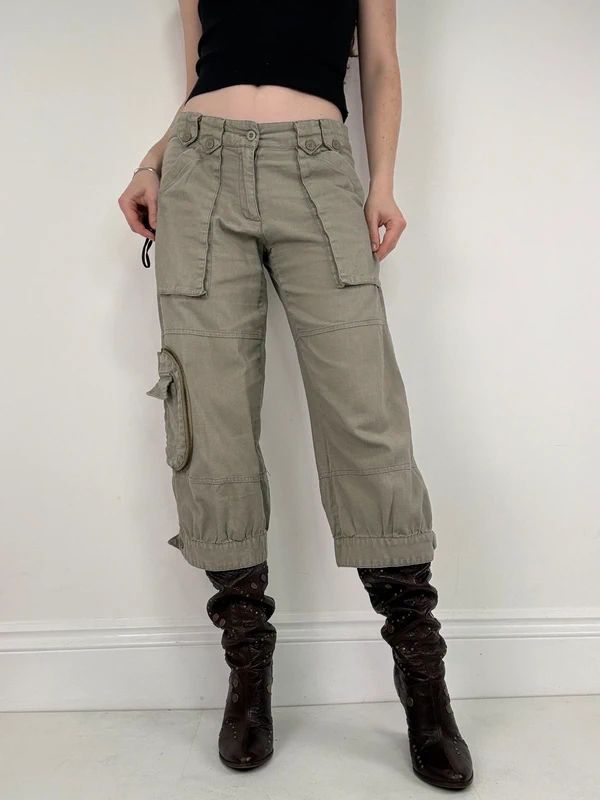 khaki linen cropped pleated capri utility pants