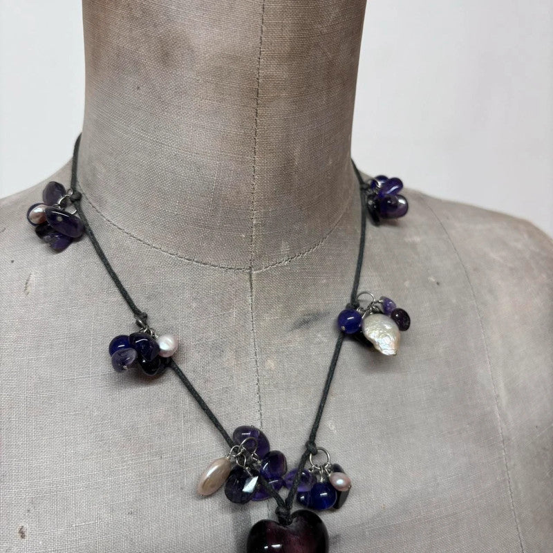 layered amethyst pearl charm necklace