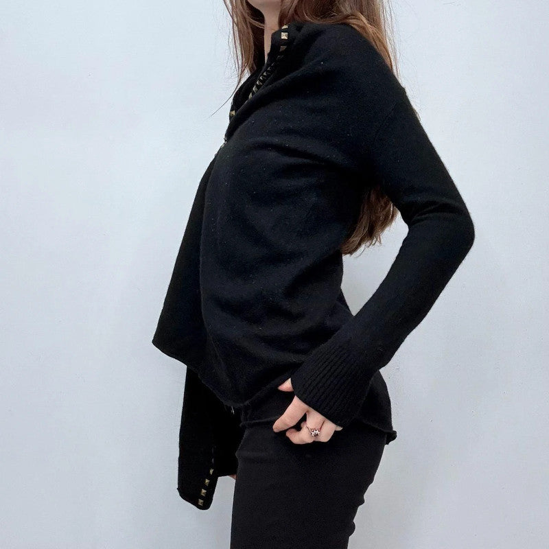 studded asymmetric black drape cardigan